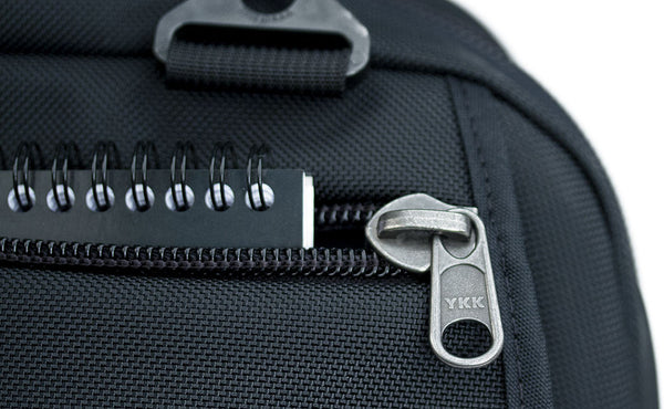 A close shot of the front face zippered pockets on the Empire Builder
